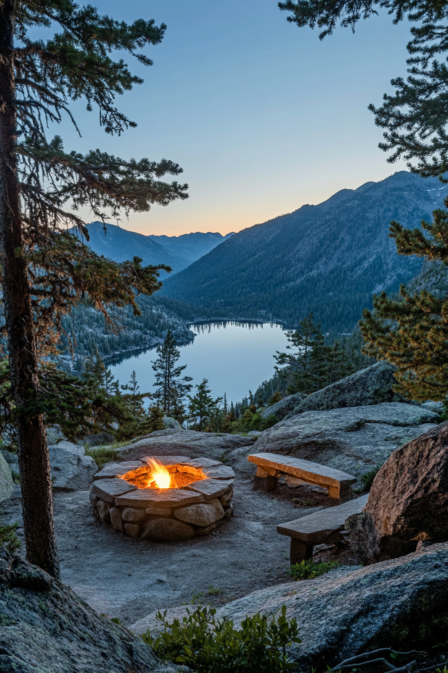 Alpine Lake Campsite. Twilight hour with stone ringed fire illuminating telescope platform.