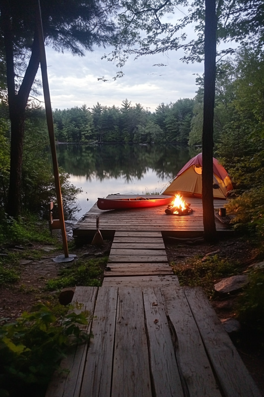 Tent site. Private wooden dock with a small red canoe, sunset campfire site near water.