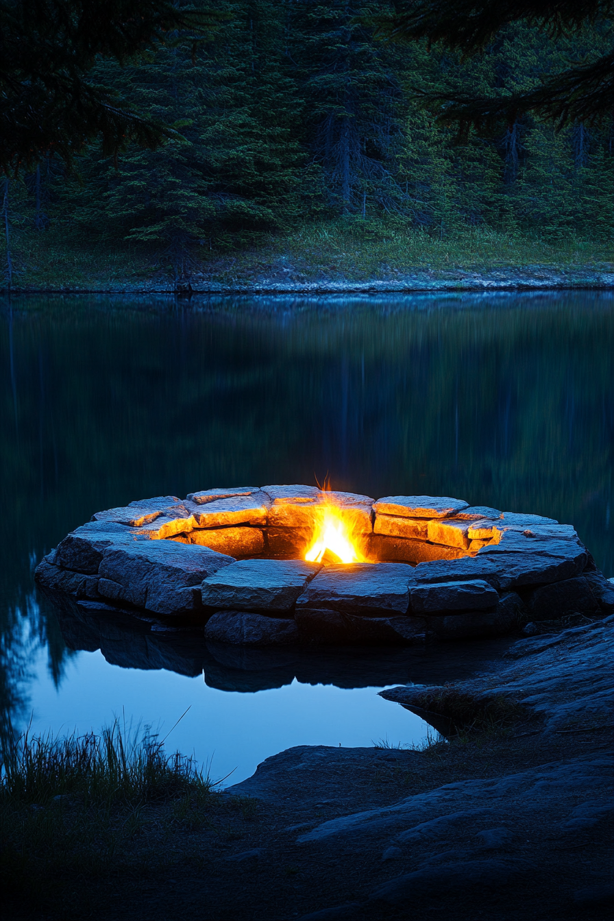 Alpine Lake Campsite. Illuminated stone-ringed fire pit reflected on serene nighttime lake.