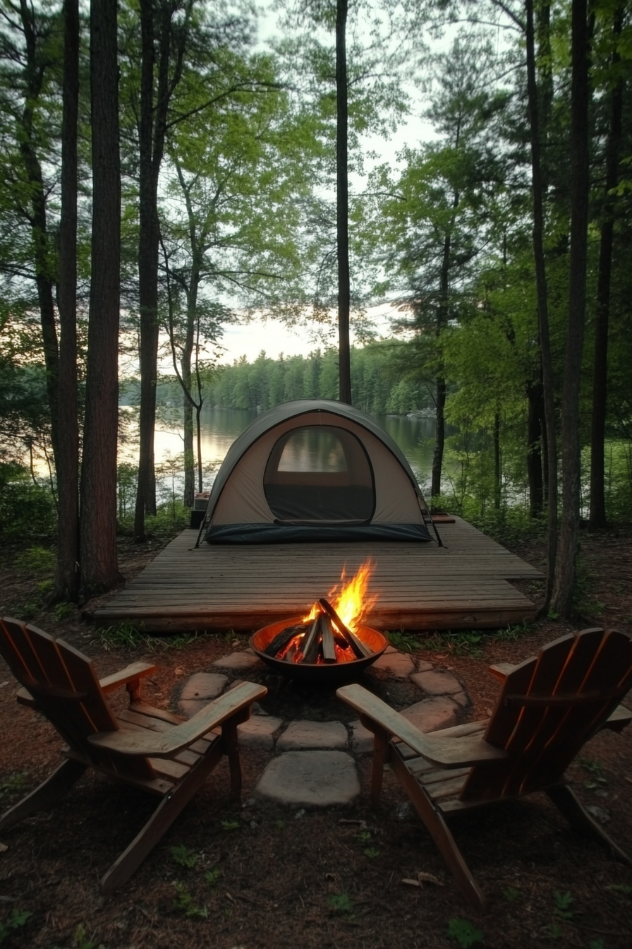 Tent site. Forest backdrop, surrouding lakeview, private wooden dock, warm (orange-red) moonlit fire pit.