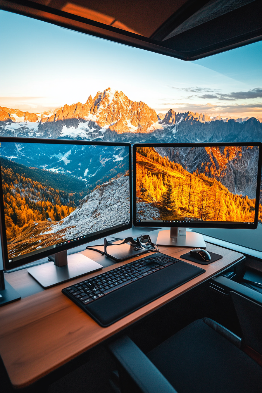 Alpine Mobile Office. Dual-monitor setup, backlit keyboard, panoramic mountaintop view.