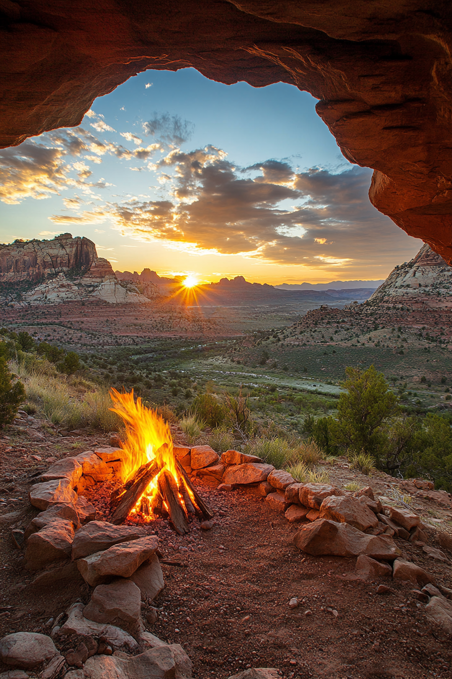 Red Rock Campsite. Elevated fire zone integrated with granite cave, overseeing verdant valley sunset.