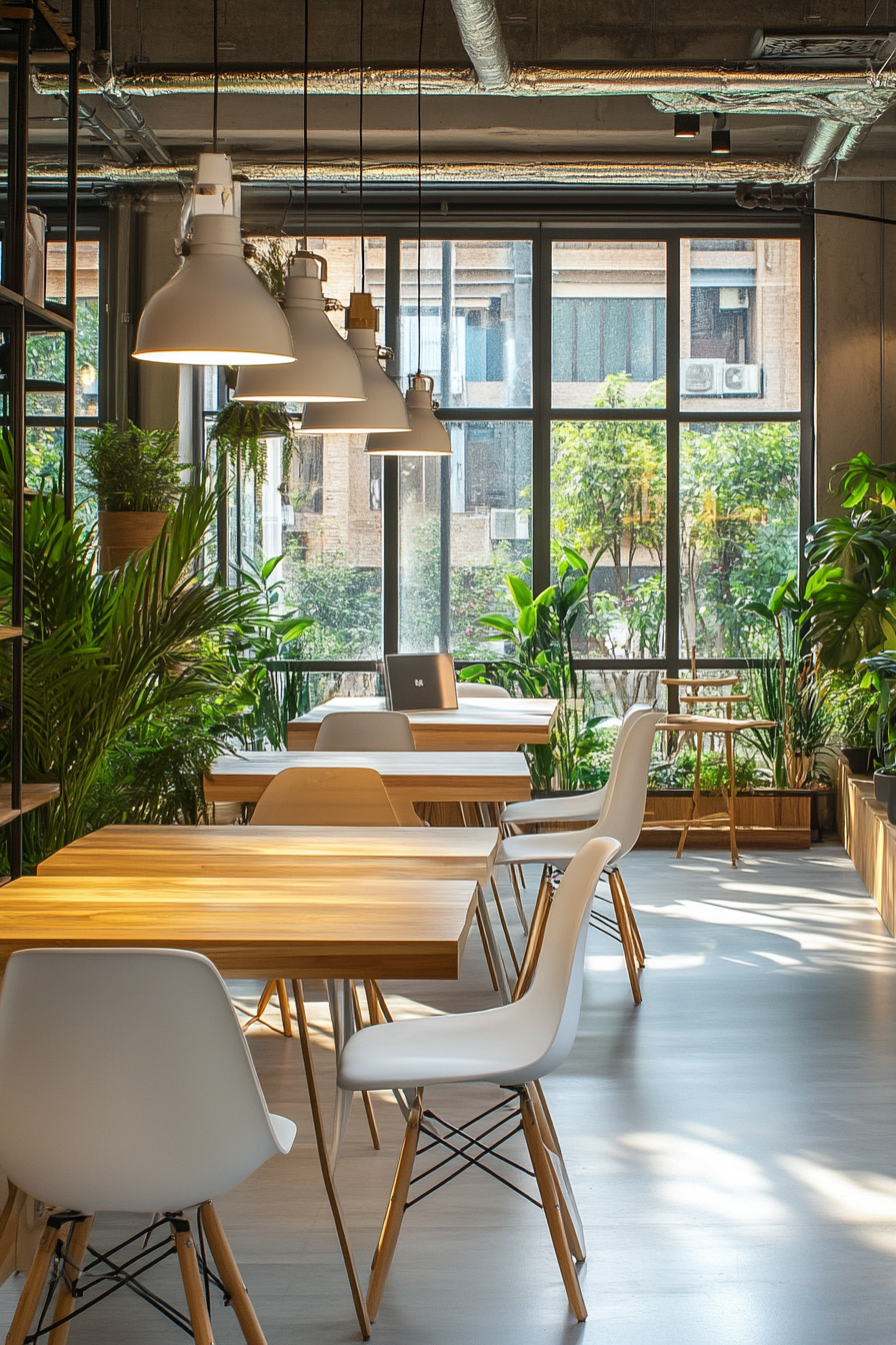 Community living space. Coworking zones with wooden desks and ergonomic white chairs.