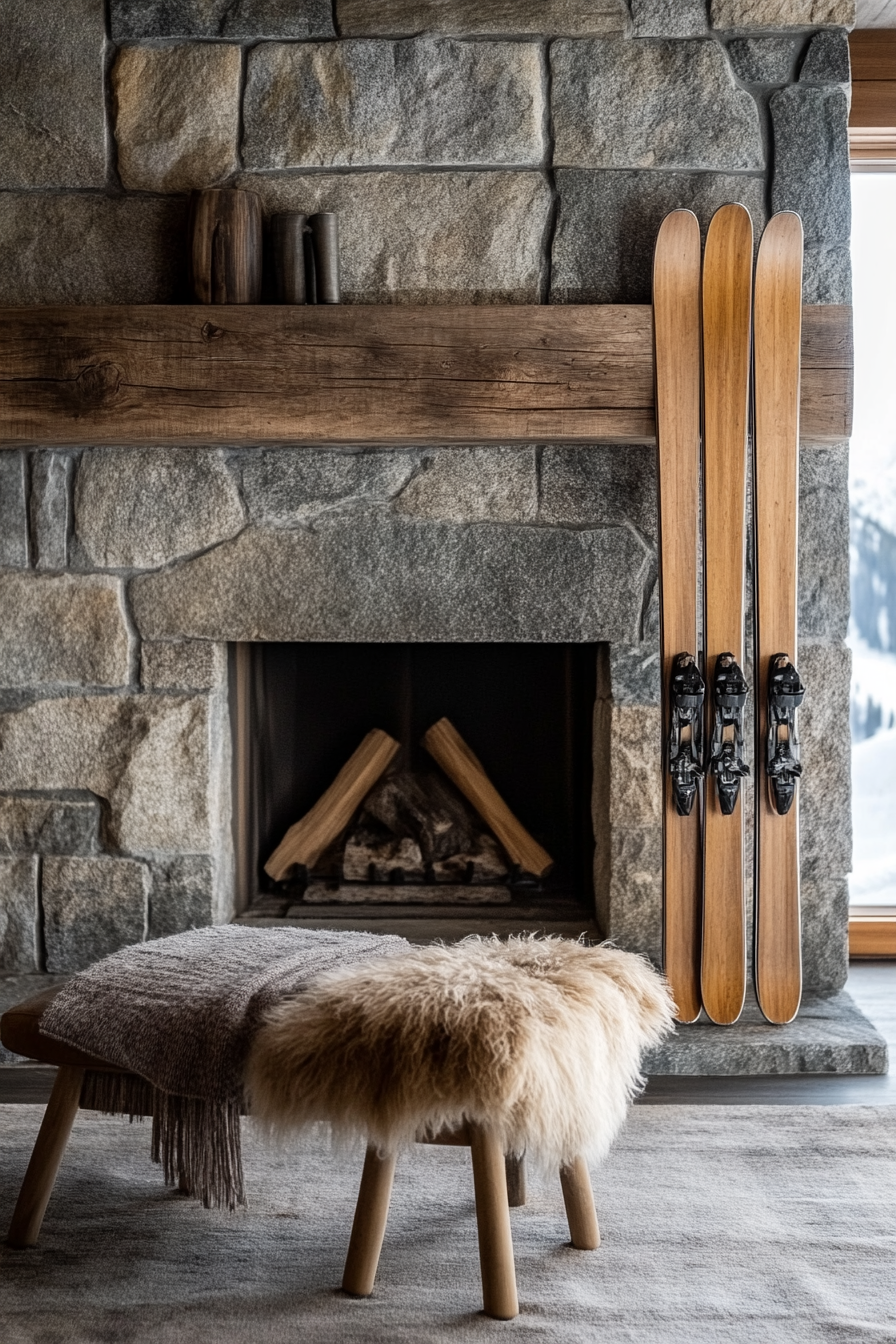 Alpine lodge space. Mounted wooden ski rack against stone fireplace.
