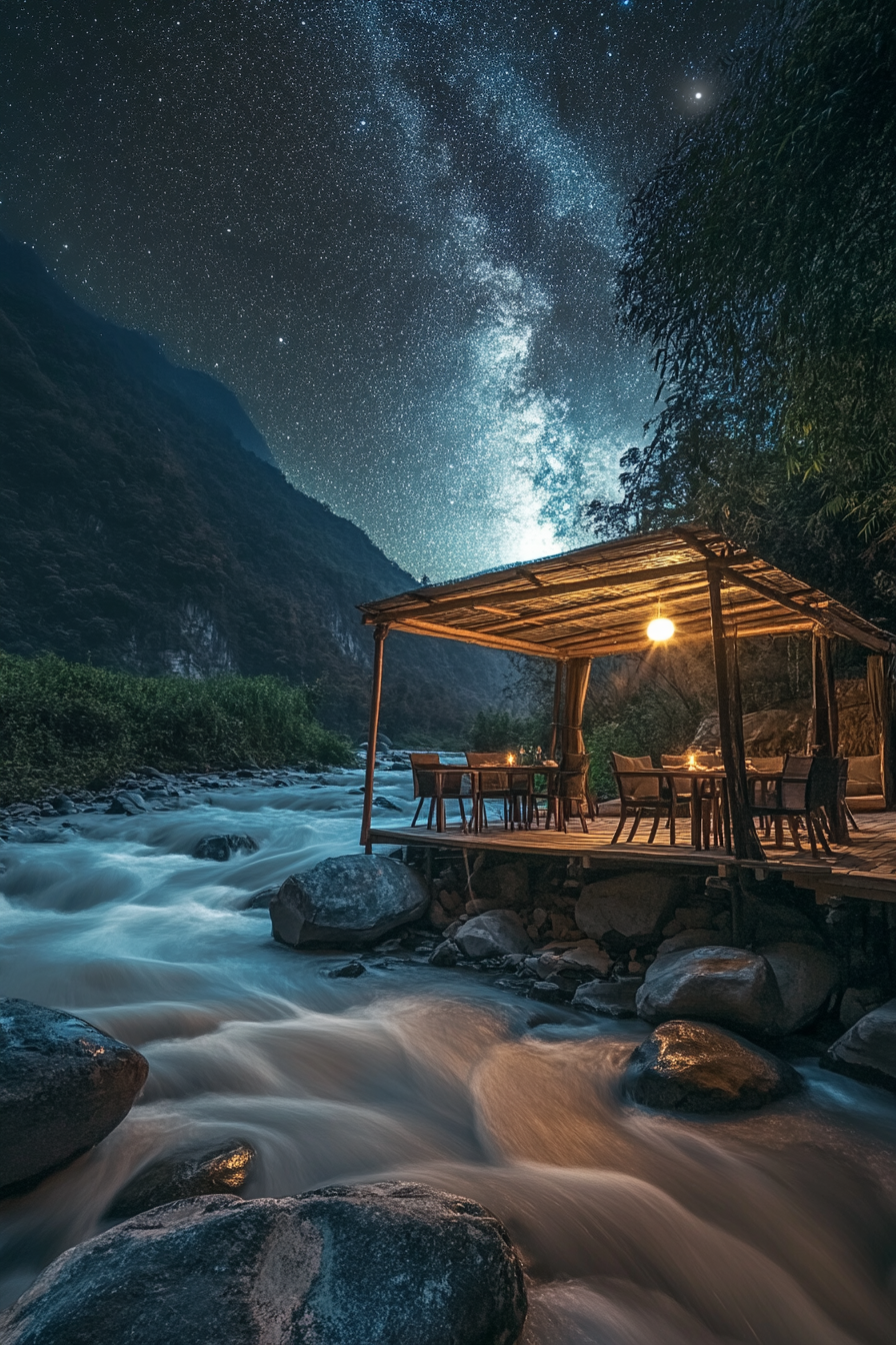Riverside space. Tent platform overlooking rapid water under starry sky.