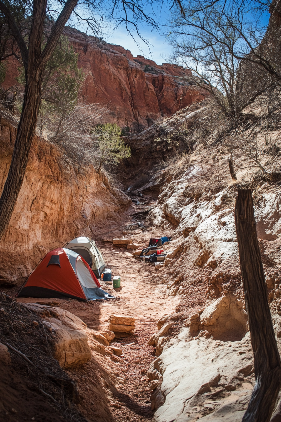 Red rock campsite. Elevated fire zone set within a horseshoe-shaped valley, with sheltering caves nearby.
