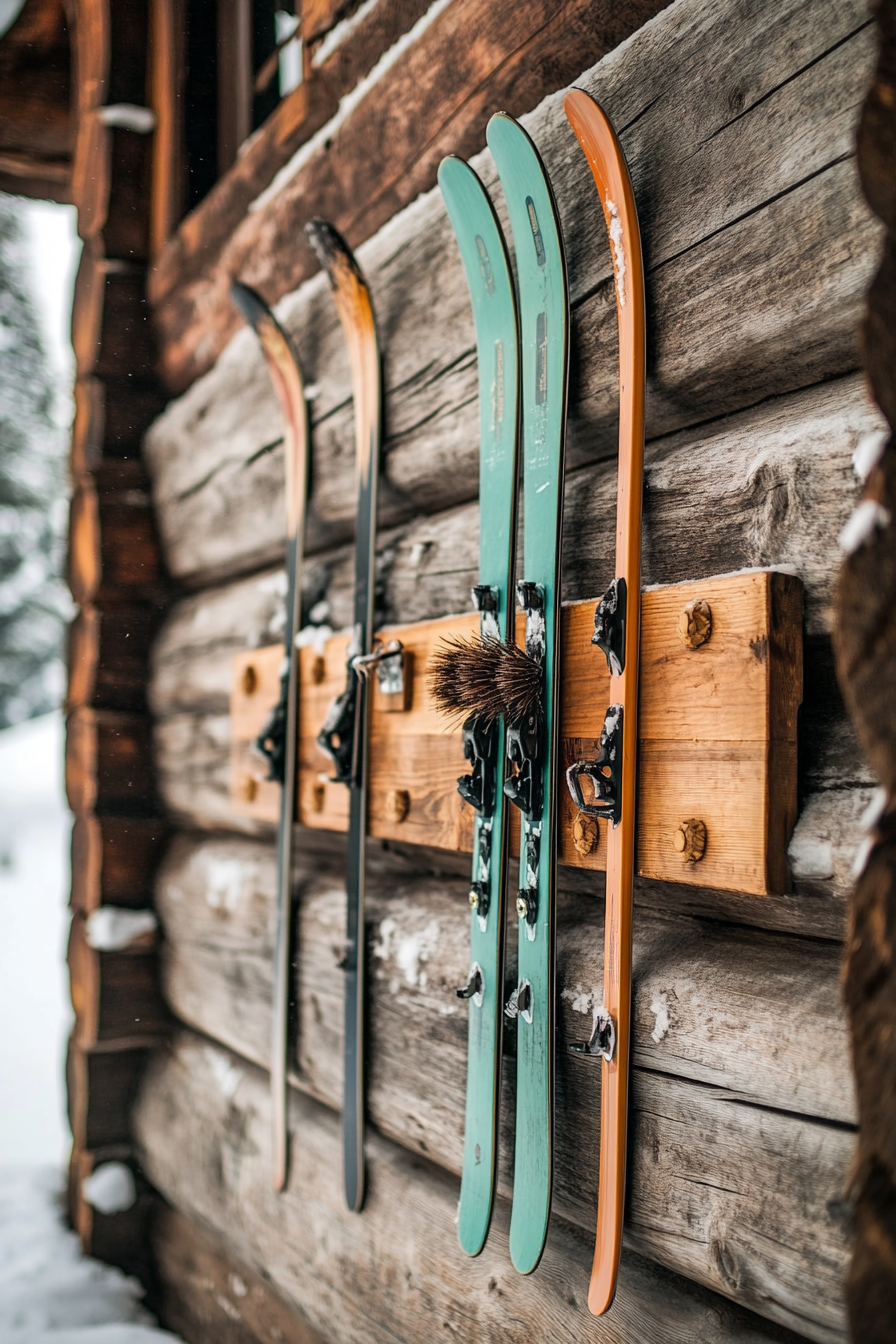Alpine lodge. Wall-mounted skis station with reclaimed wood and bristled brushes.