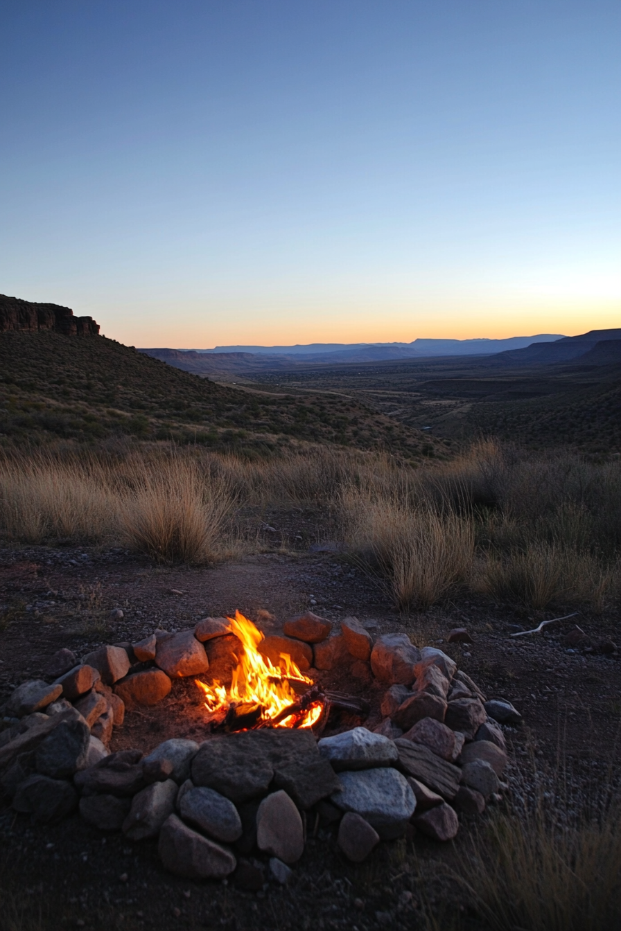 Campsite setting. Dry scrubland, elevated fire zone with lit golden flames, steel-blue dusk sky overlooking valley.