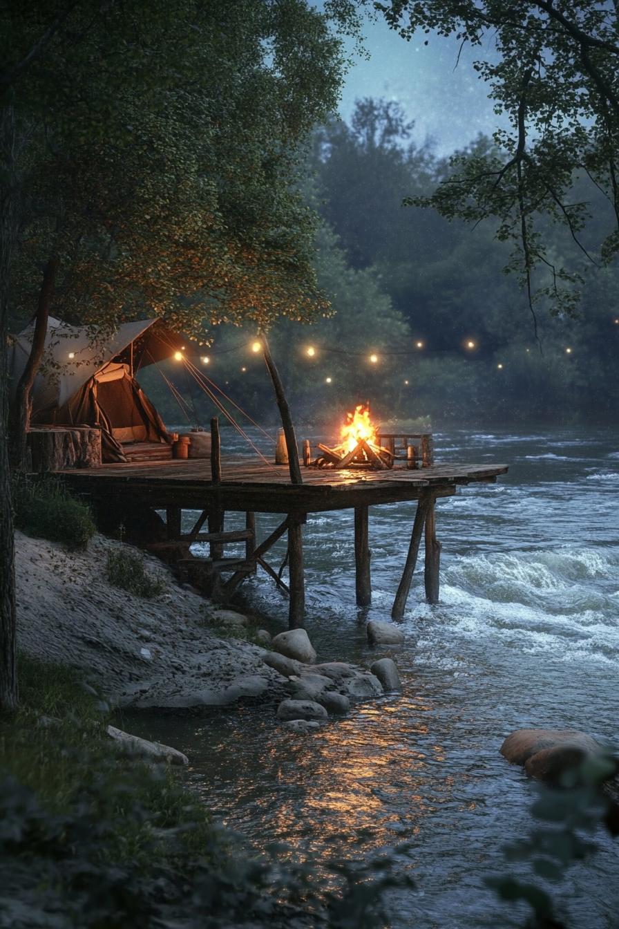 Riverside space. Tent platform over water, blazing bonfire under starlight, soothing sound of river rapids.