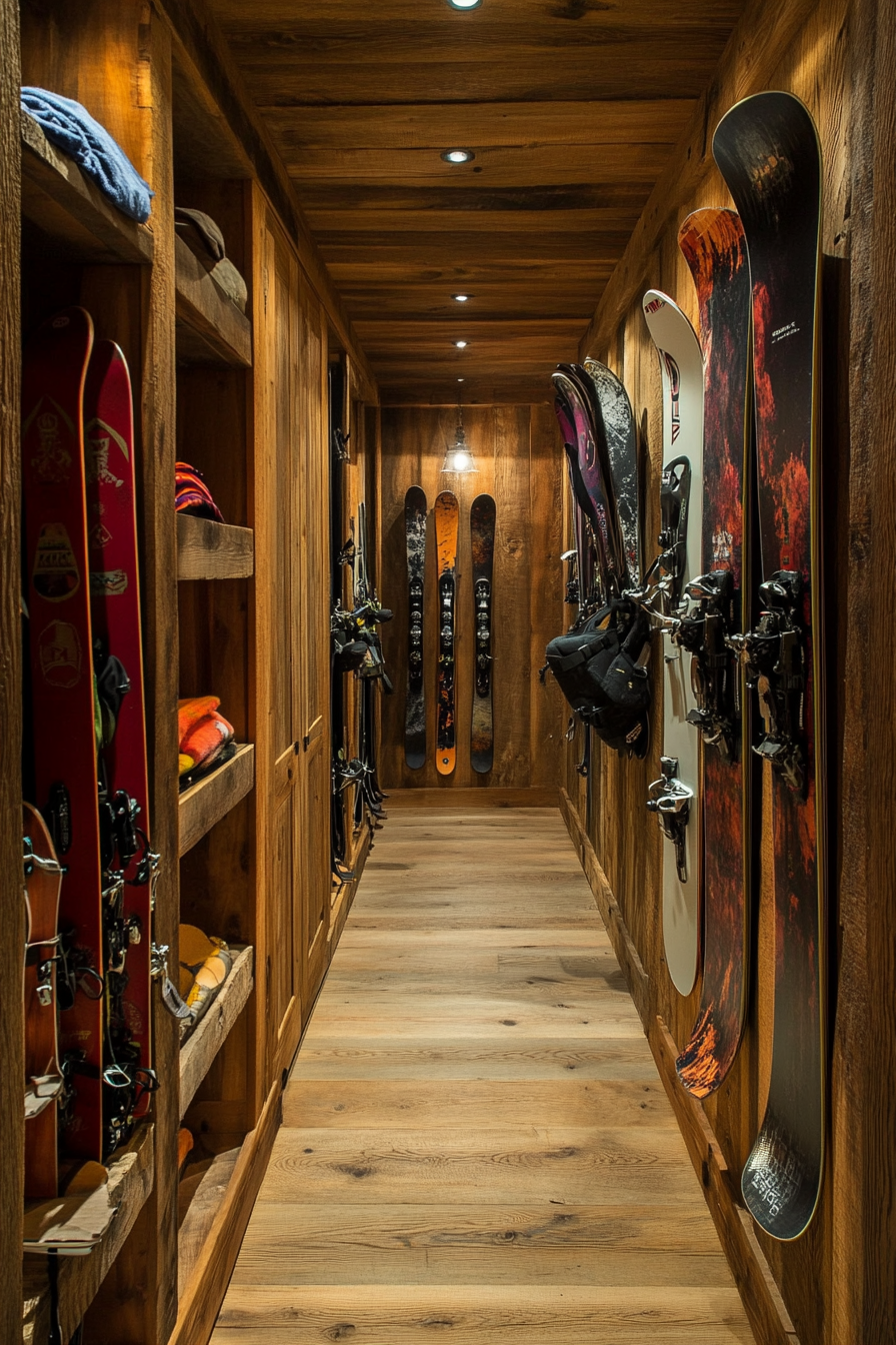 Alpine lodge space. A wooden gear storage room with snowboards and vintage skis.