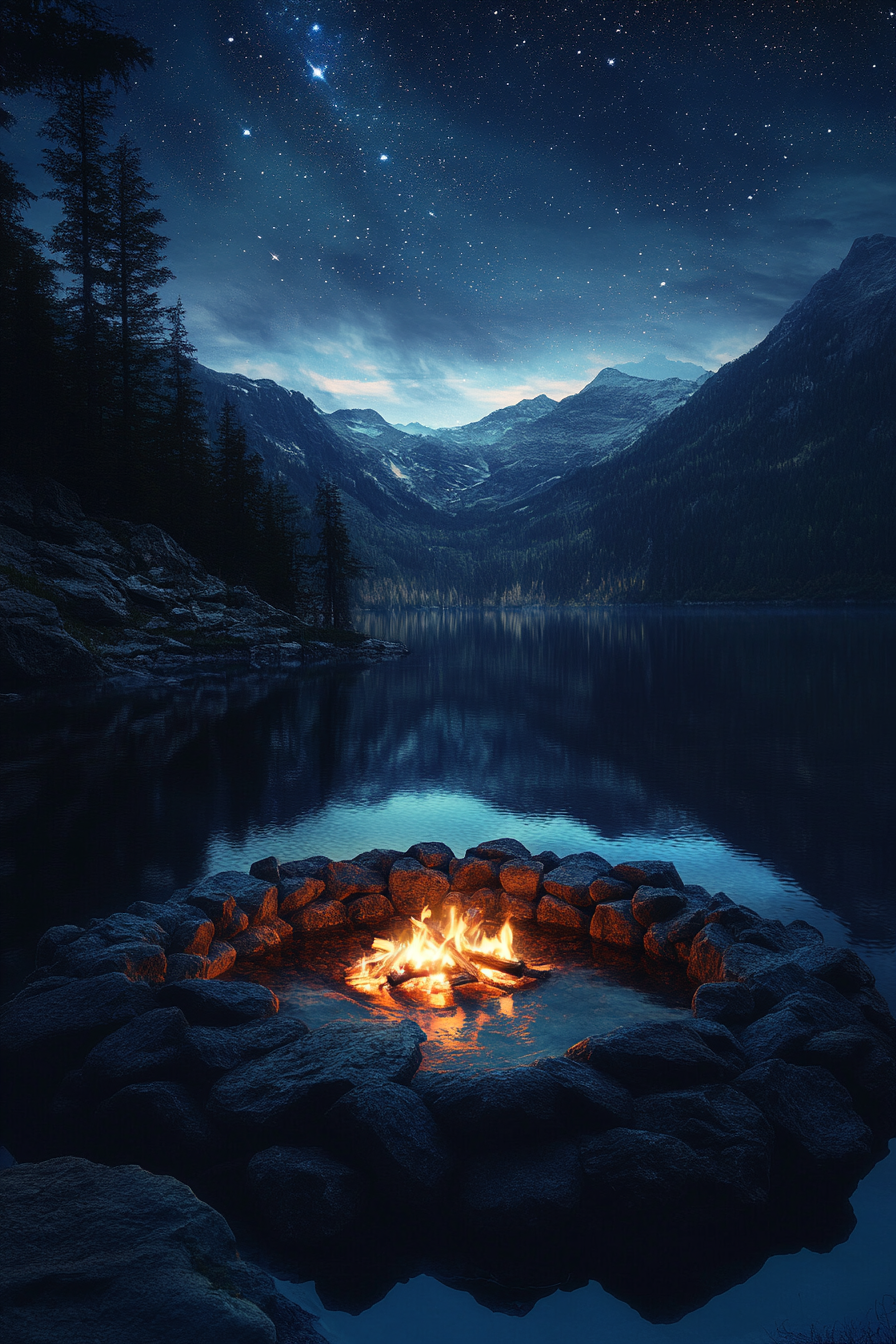 Alpine lake campsite. Stone-ringed fire pit reflecting in tranquil waters under a starlit sky.