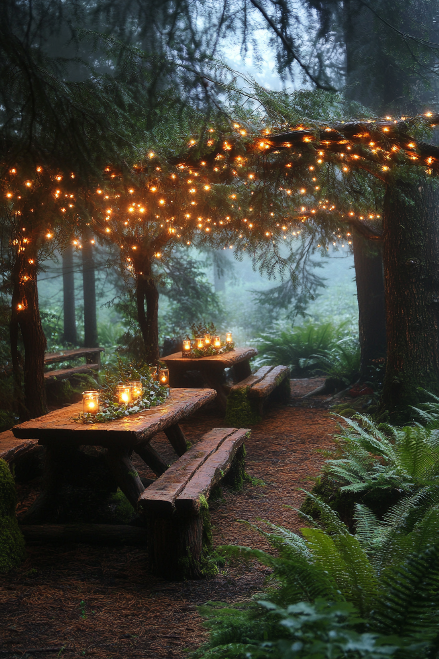 Woodland camping space. Fairy-lit pine tree canopy, fern arrangements, log benches draped in green moss.