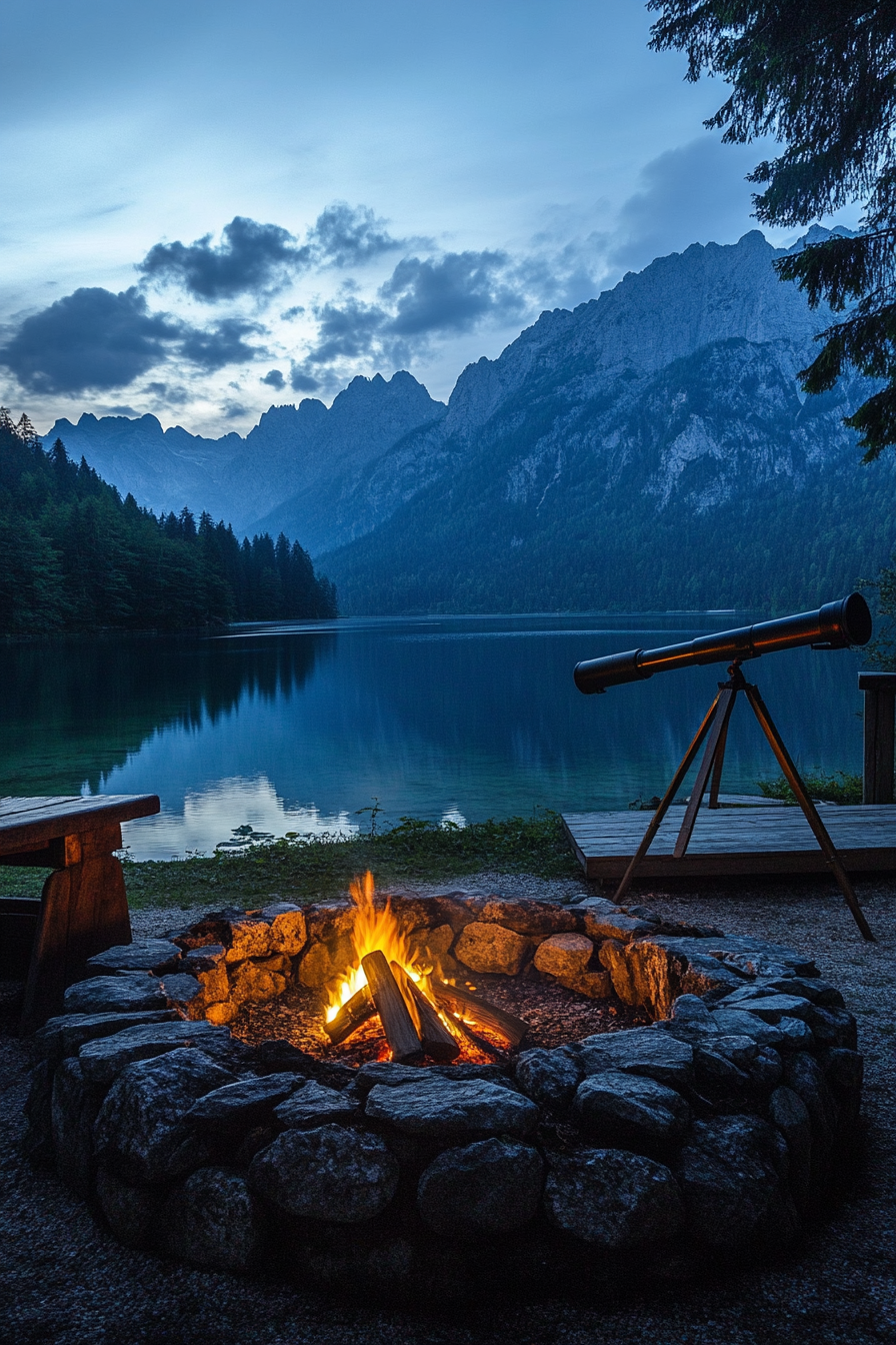 Alpine Lake Campsite. Stone-ringed fire pit near teardrop shaped lake, telescope on wooden platform.