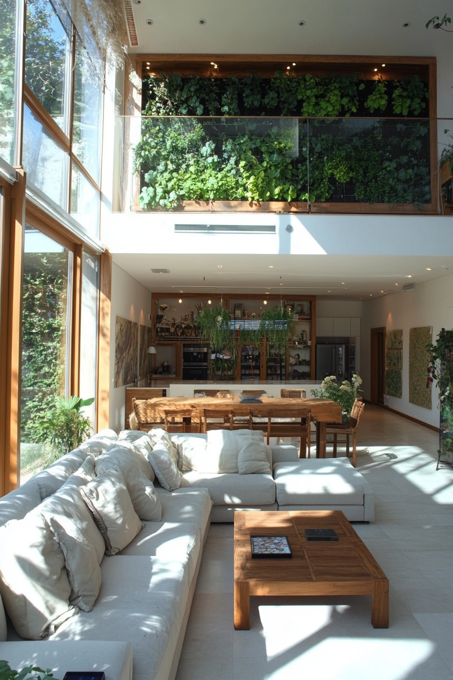 Sustainable living space. Open plan, glass solar panels, vertical vegetable garden wall.