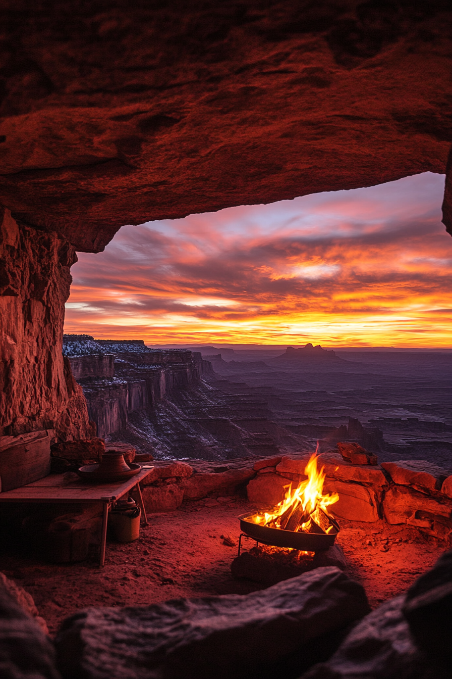 Red Rock Campsite. sunset view, warm fire on elevated platform, chill air in cave.