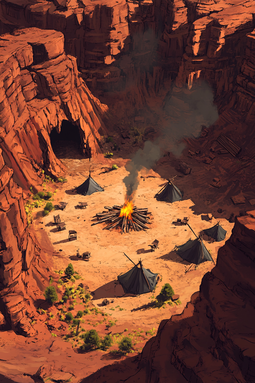Campsite design. Red rocks, elevated fire zone, and primitive cave shelter overlooking a valley.