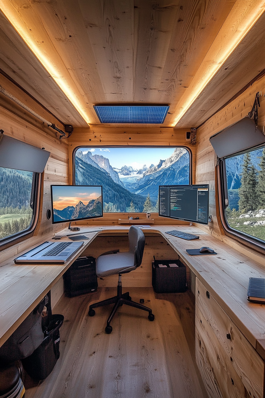 Alpine mobile office. Warm wooden interior, dual mounted monitors, portable solar panels.