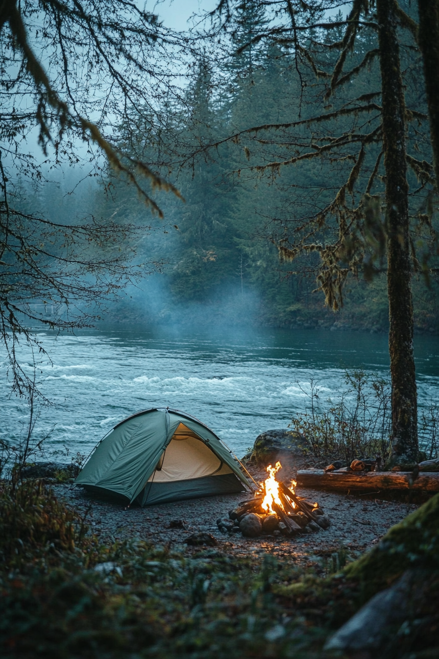 Riverside space. Tent placed by the water-view platform and nearby bonfire, with sound of rapids.