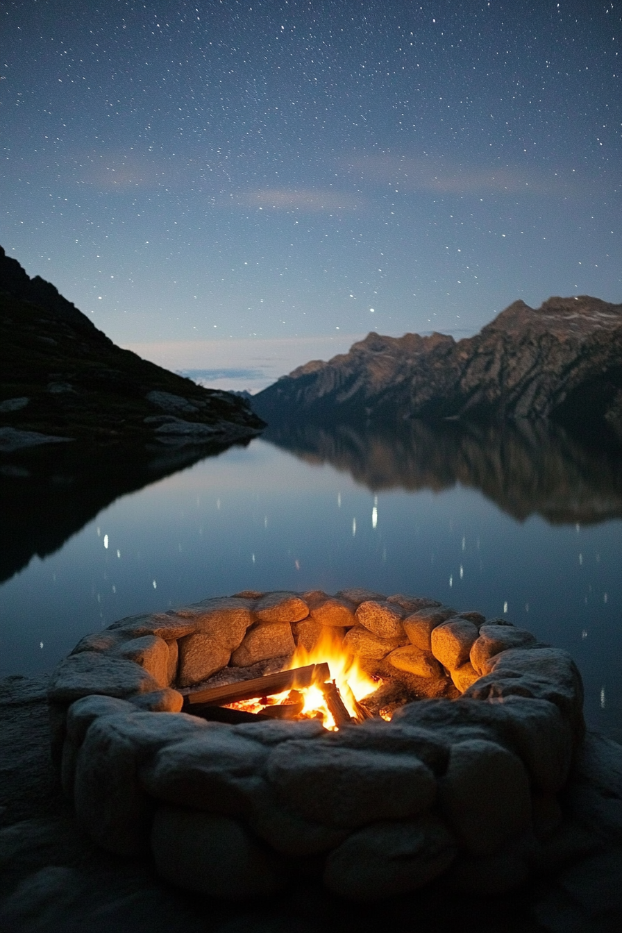 Alpine lake campsite. Stone-ringed fire pit under starry sky reflecting on still waters.