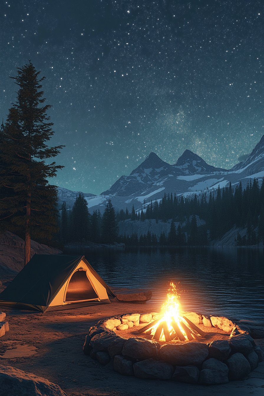 Alpine Lake Campsite. Pine green tent near stone-ringed fire pit, under starry night sky.