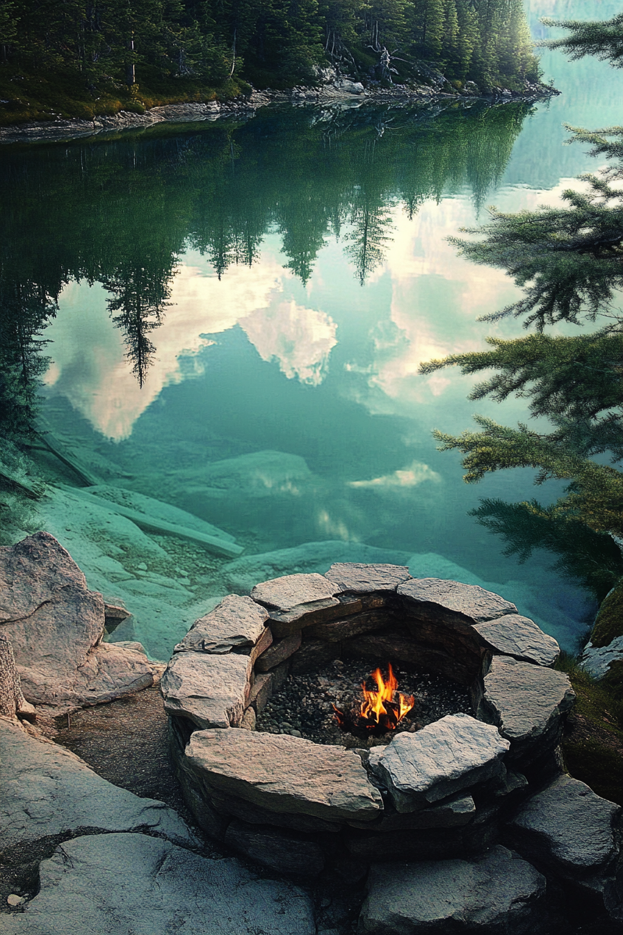 Alpine Lake Campsite. Teal-green water reflecting sky, beside stone fire pit