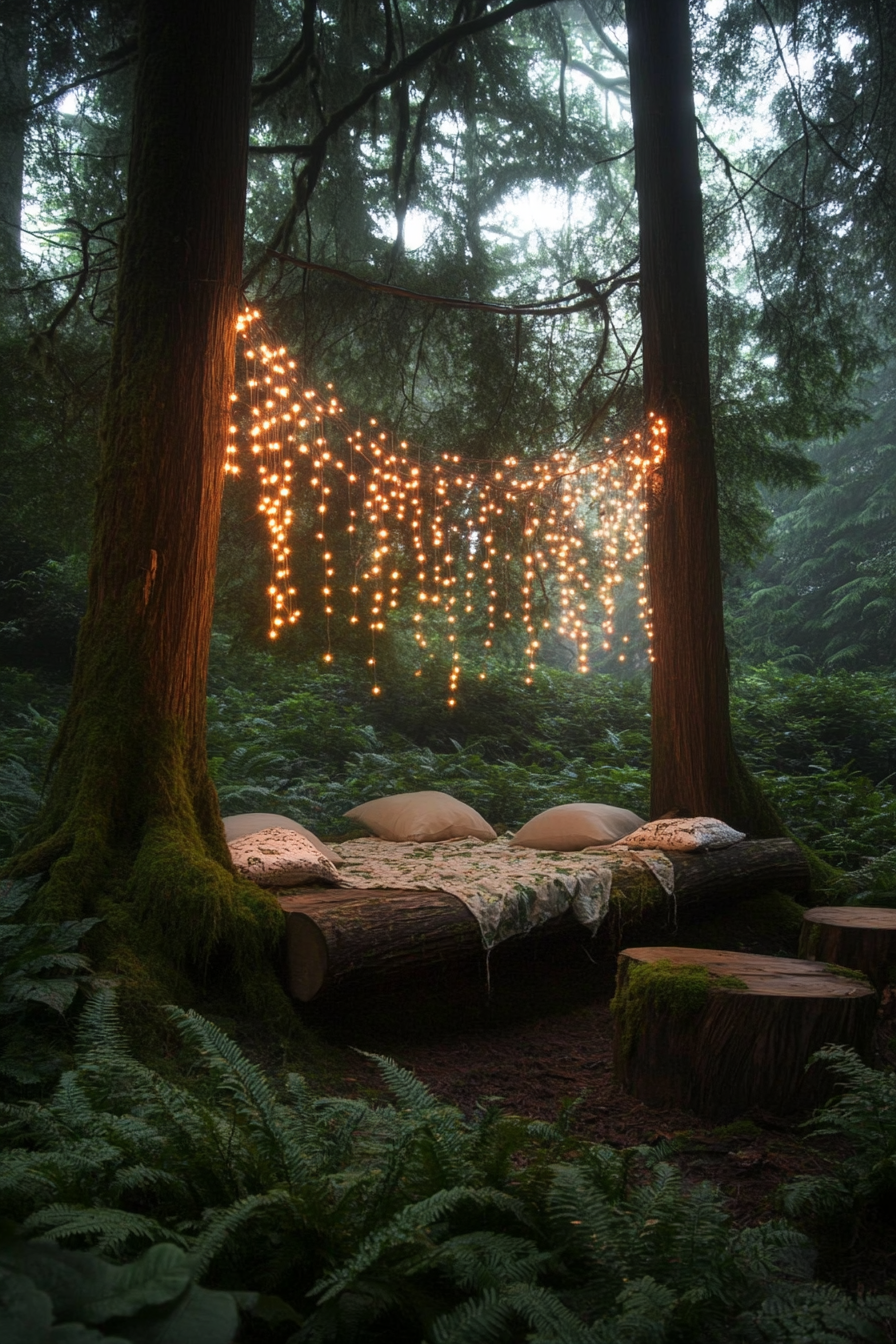 Woodland camping space. Fairy-light canopy over moss-covered seating logs with ferns surrounding.