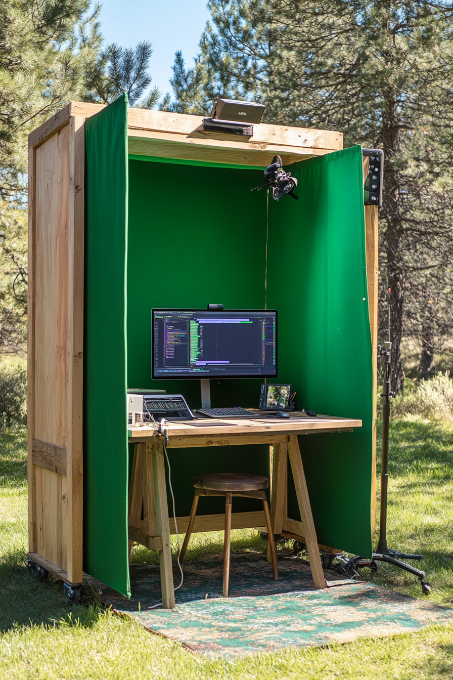 Mobile Space. Rustic editing station with retractable green canvas backdrop for outdoor studio.