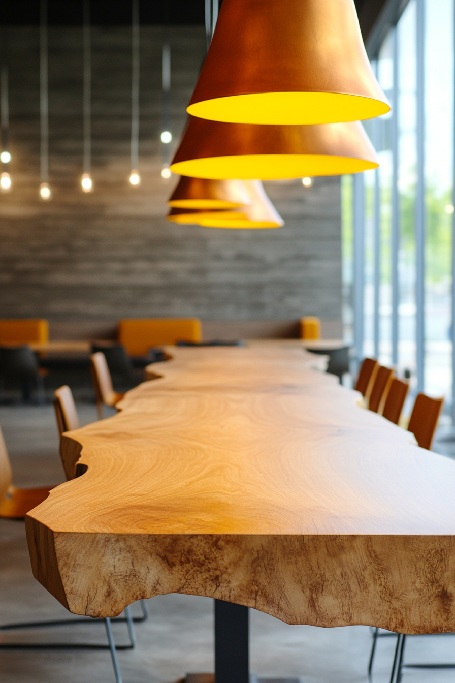 Community living space. Coworking zones with ergonomic oak tables, mellow yellow lighting.