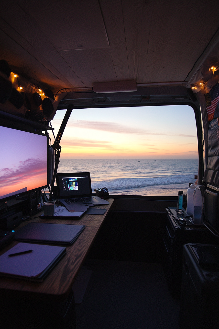 Oceanview van setup. Panoramic desk facing ivory dusk, corrosion-resistant tech niche, twilight-toned projector screen.