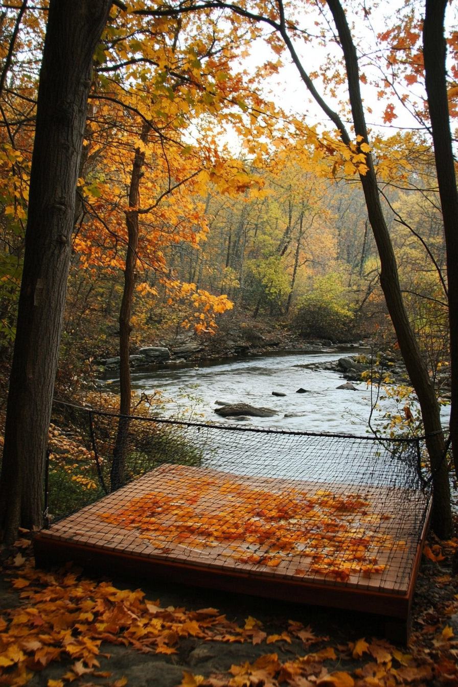 Riverside space. Mesh-tent platform facing northward upstream under falling maple leaves.