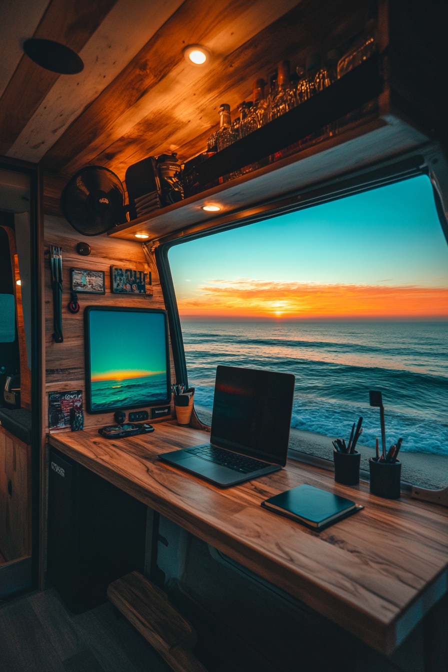 Ocean View Van Setup. Teakwood panoramic desk offset by a teal tinted sunset screen.