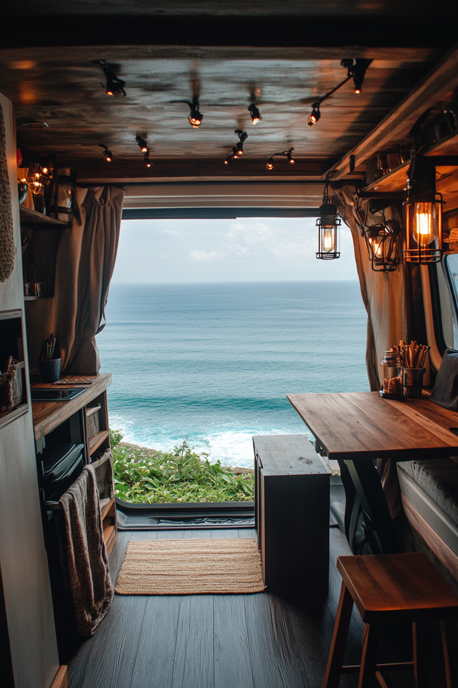 Van setup. ocean-view backdrop, mahogany panoramic foldable desk with bronze lanterns.