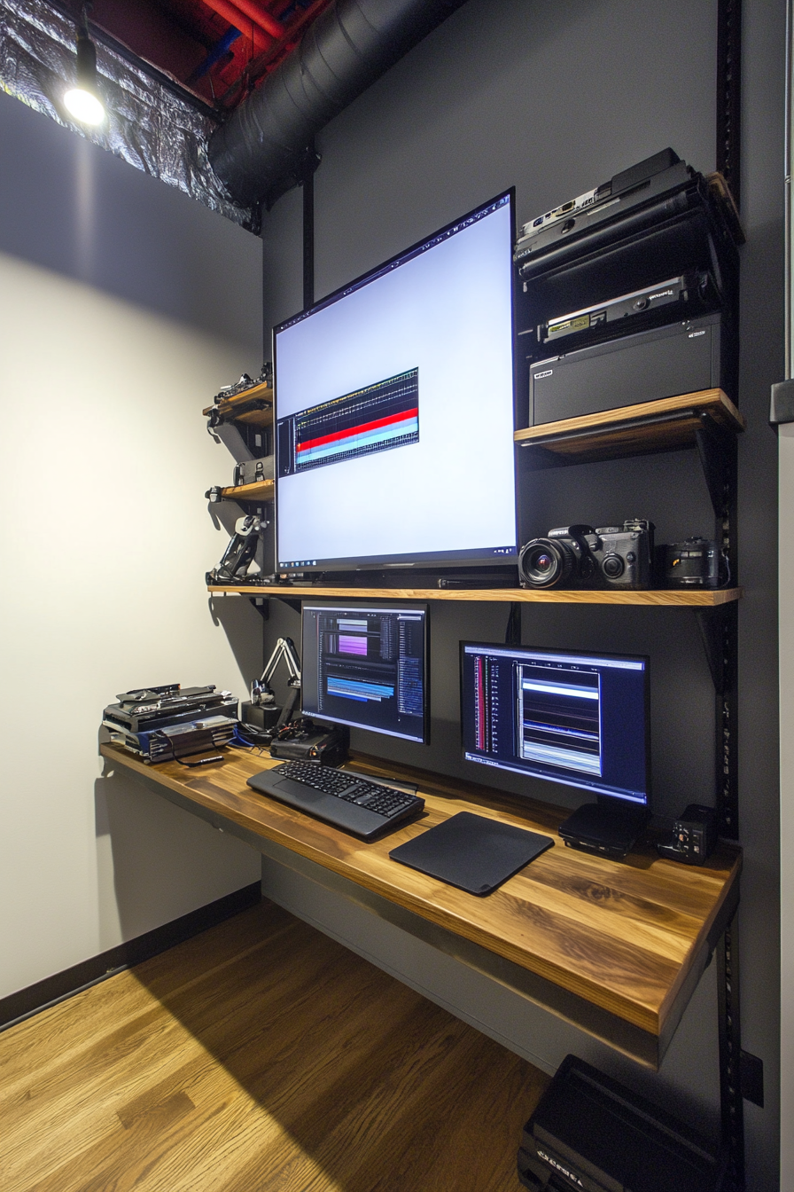 Creative mobile space. Wall-mounted editing workstation with adjacent photography equipment storage shelf.