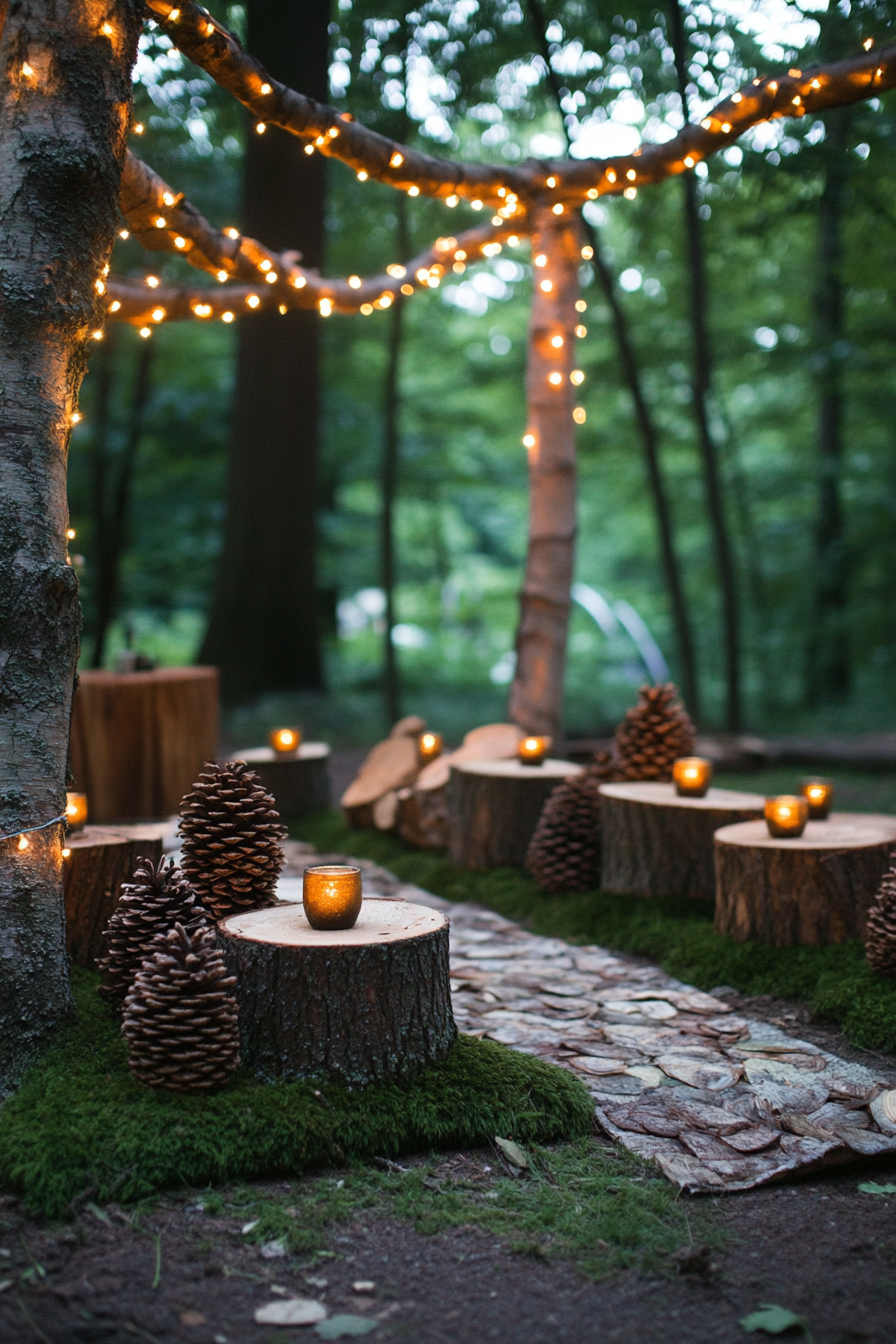Woodland camping space. Pine cone centerpieces, fairy-light canopy, mossy log seating.