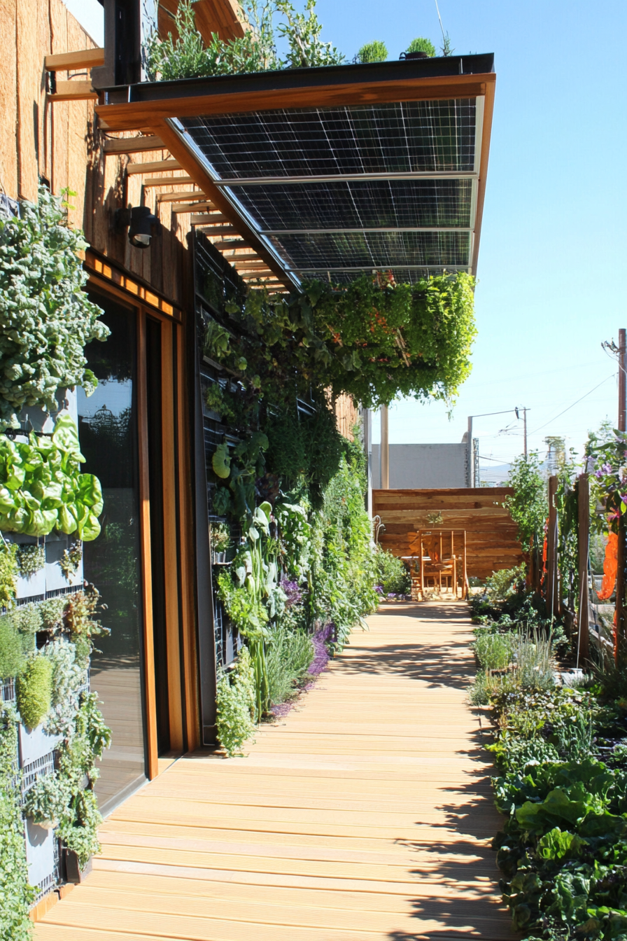 Sustainable living space. Solar-powered rooftop patio with wall-hanging vegetable garden.