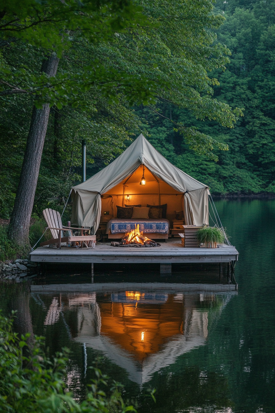 Tent site. Wraparound water views with private dock and sunset fire setup.
