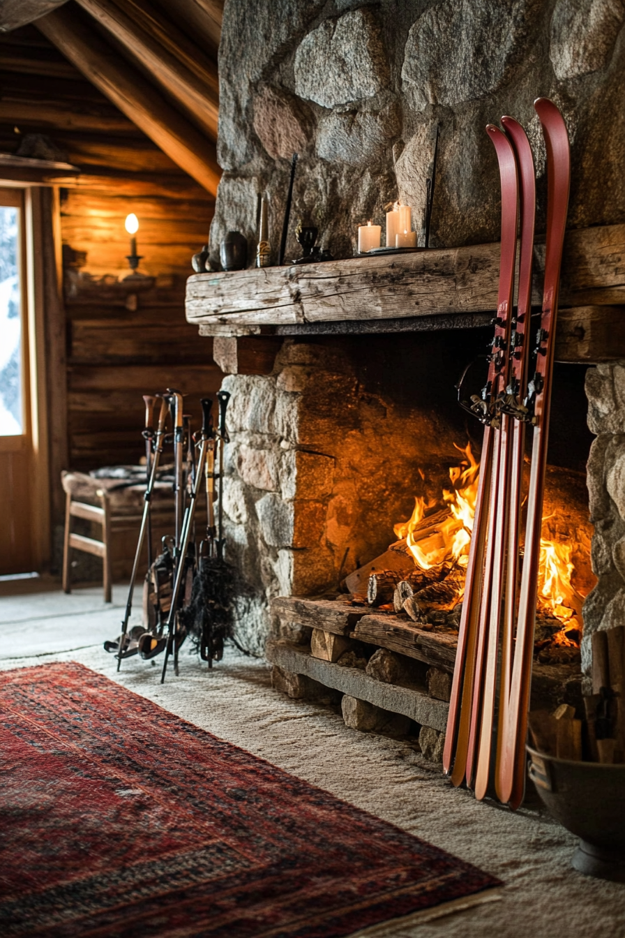 Alpine Lodge. Wooden ski rack against stone fireplace.