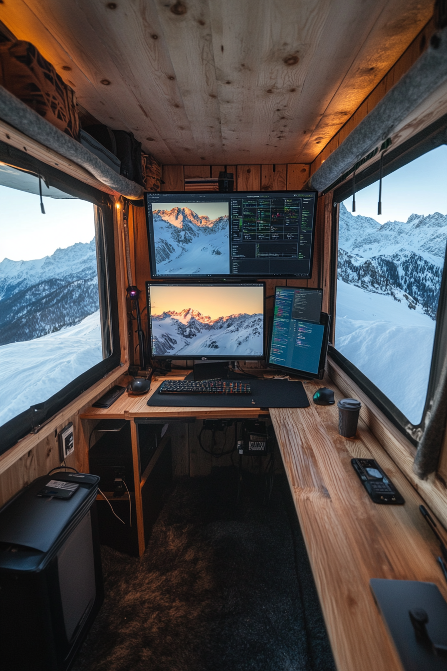 Alpine Mobile Office. Dual monitors with solar power, workspace overlooking snowy summit.