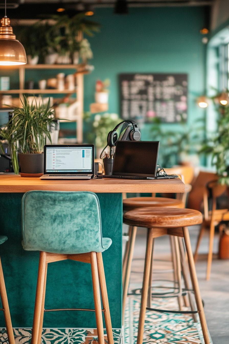 Community living space. Coworking zone with stacked laptops and headphones.