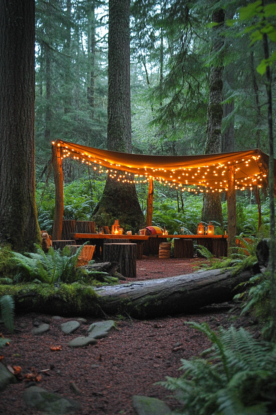 Woodland camping space, quaint fairy-light canopy over vibrant green fern gardens and moss-covered log seating.