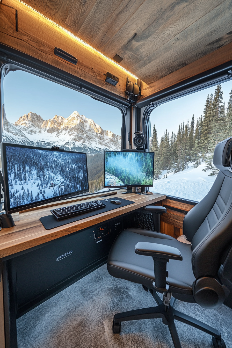 Alpine mobile office. Wood panel desk mounted with dual monitors overlooking snow-capped summit.