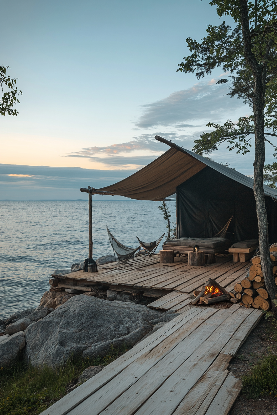 Tent site. Ocean-facing canopy, wooden private jetty, logs ready for a sunset bonfire.