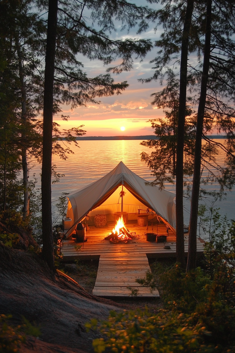 Tent site. Cedar tent platform, pine dock,campfire with sunset view over expansive water.