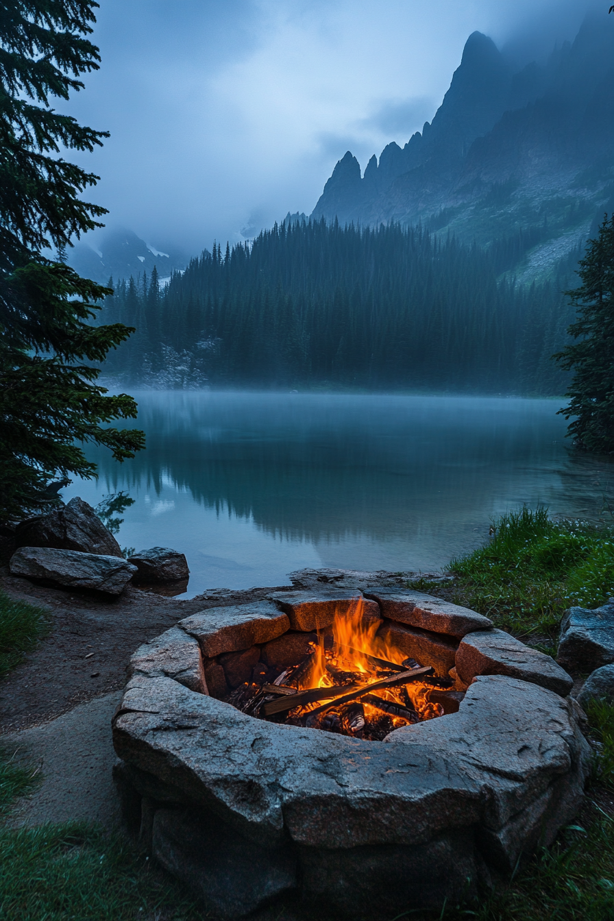 Alpine lake campsite. Mist hovering over illuminated stone fire pit.