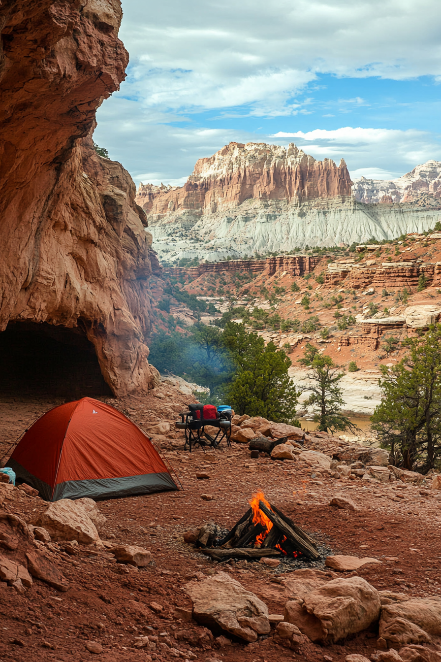 Campsite. Red rocks, elevated fire zone, attached cave shelter, overlooking valley.