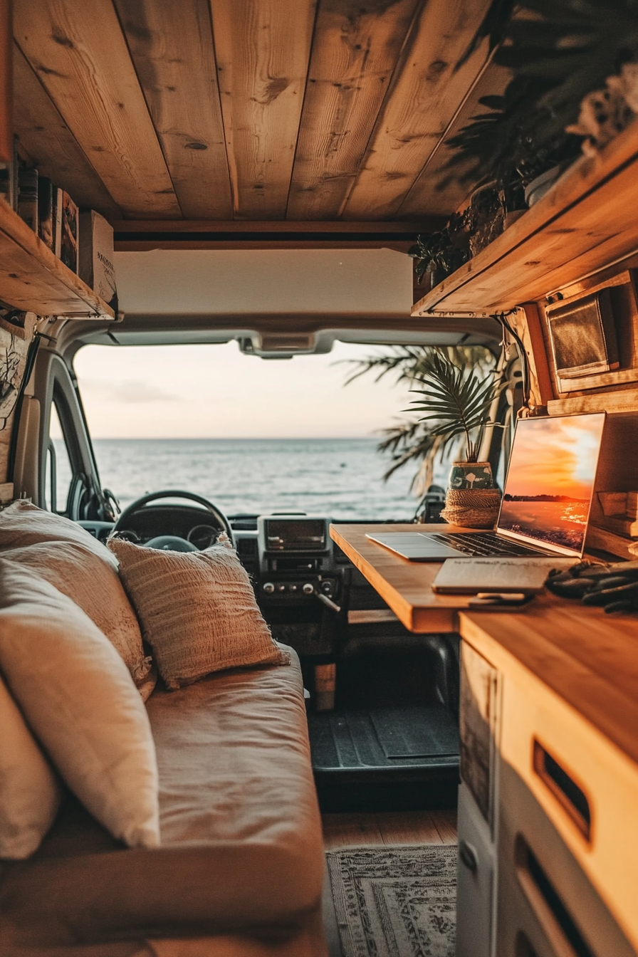 Oceanview van setup. Teak desk, salt-resistant cabinets, immersive sunset wallpaper.