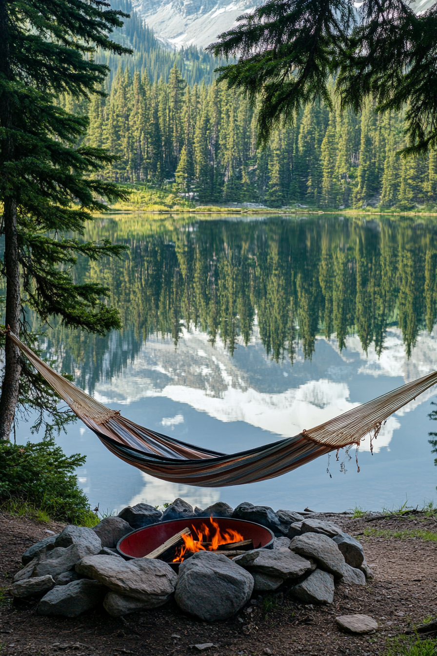 Alpine lake campsite. Conifers reflection with an empty hammock on red fire pit periphery.