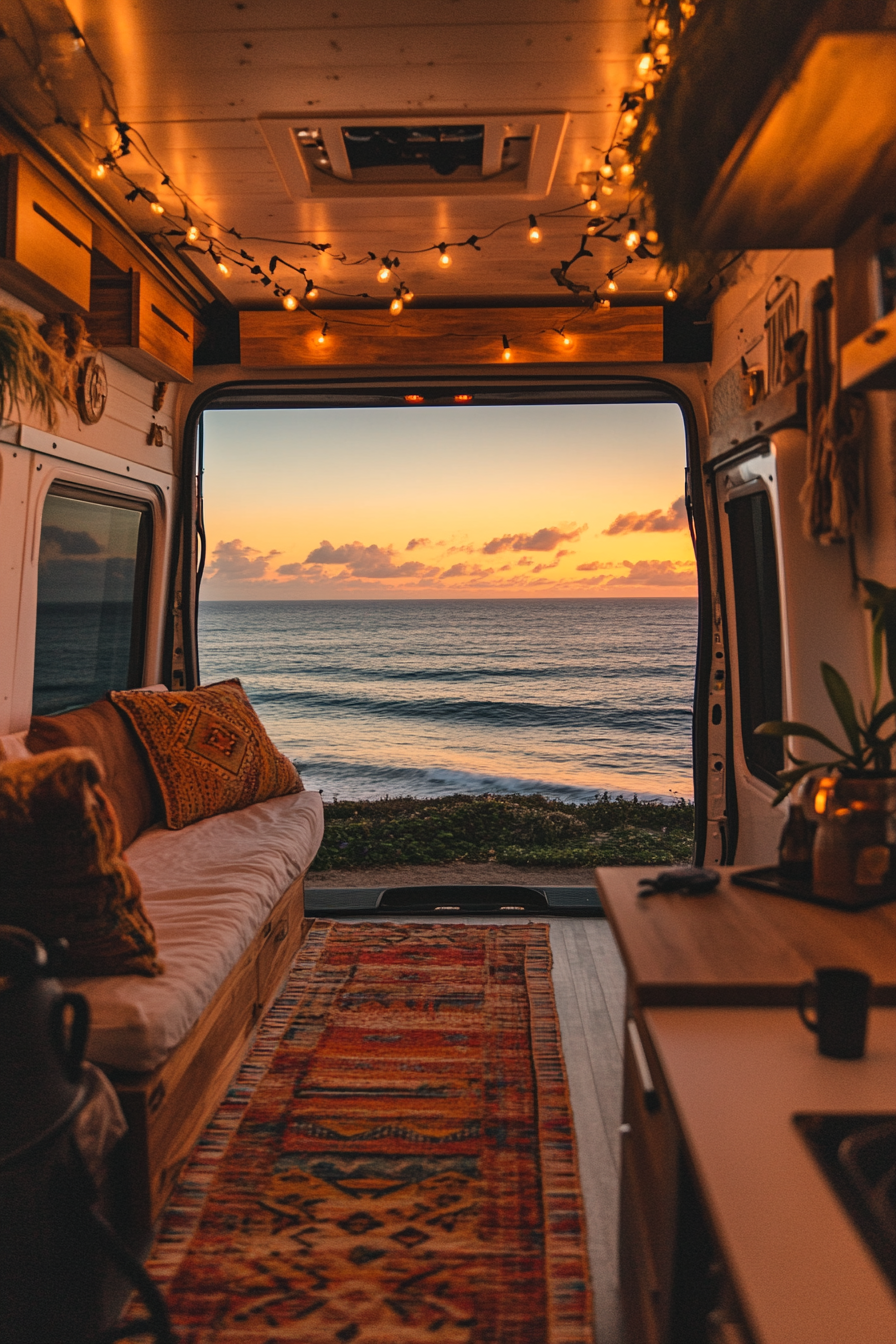 Van setup. Oceanview, rust-resistant cabinetry, sunset projector screen.