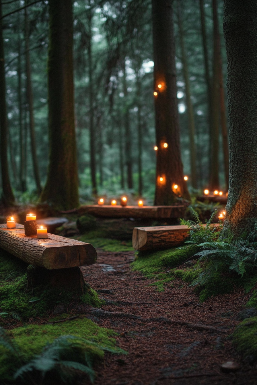 Woodland camping space. Fairy-lit evergreen forest with mossy log benches and fern accents.