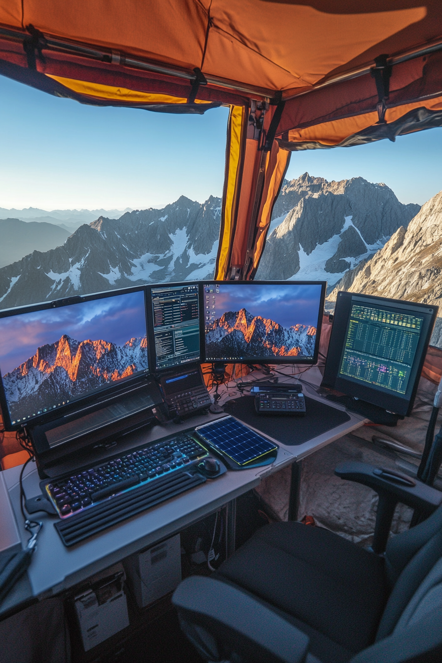 Mobile office. Alpine environment, two monitors, solar panels, workspace overlooking mountain summit.